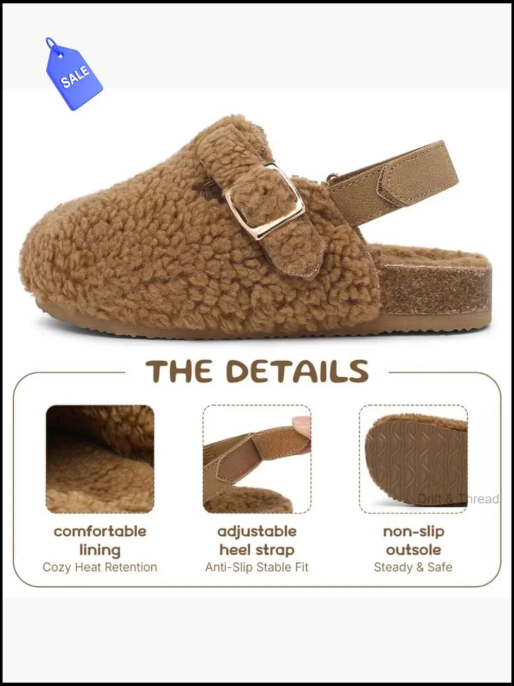 Girls Faux Shearling Clogs with Cork Footbed - Adjustable Buckle, Non-Slip Sole